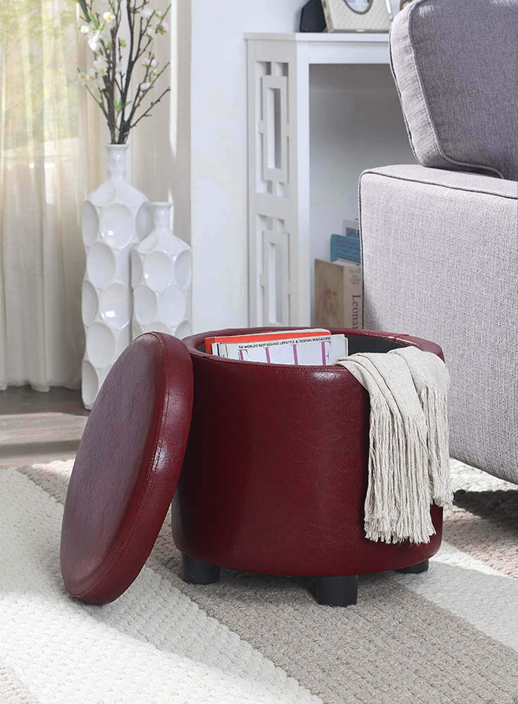 Designs4Comfort Round Accent Storage Ottoman in Burgundy Red Faux Leather Finish