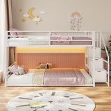Low Bunk Bed Twin Over Twin with Stairs, Storage Drawers & Shelves, RGB LED Lights Metal Floor Bunk with Power Outlet