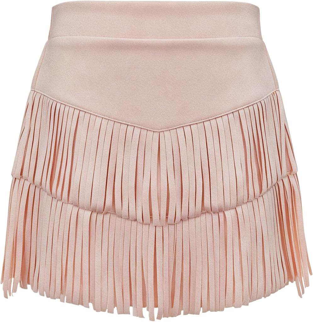 Girls Fringe Skirts Western Cowgirl High Waist Mini Skirt Suede Boho Tassel Skirt for Country Concert