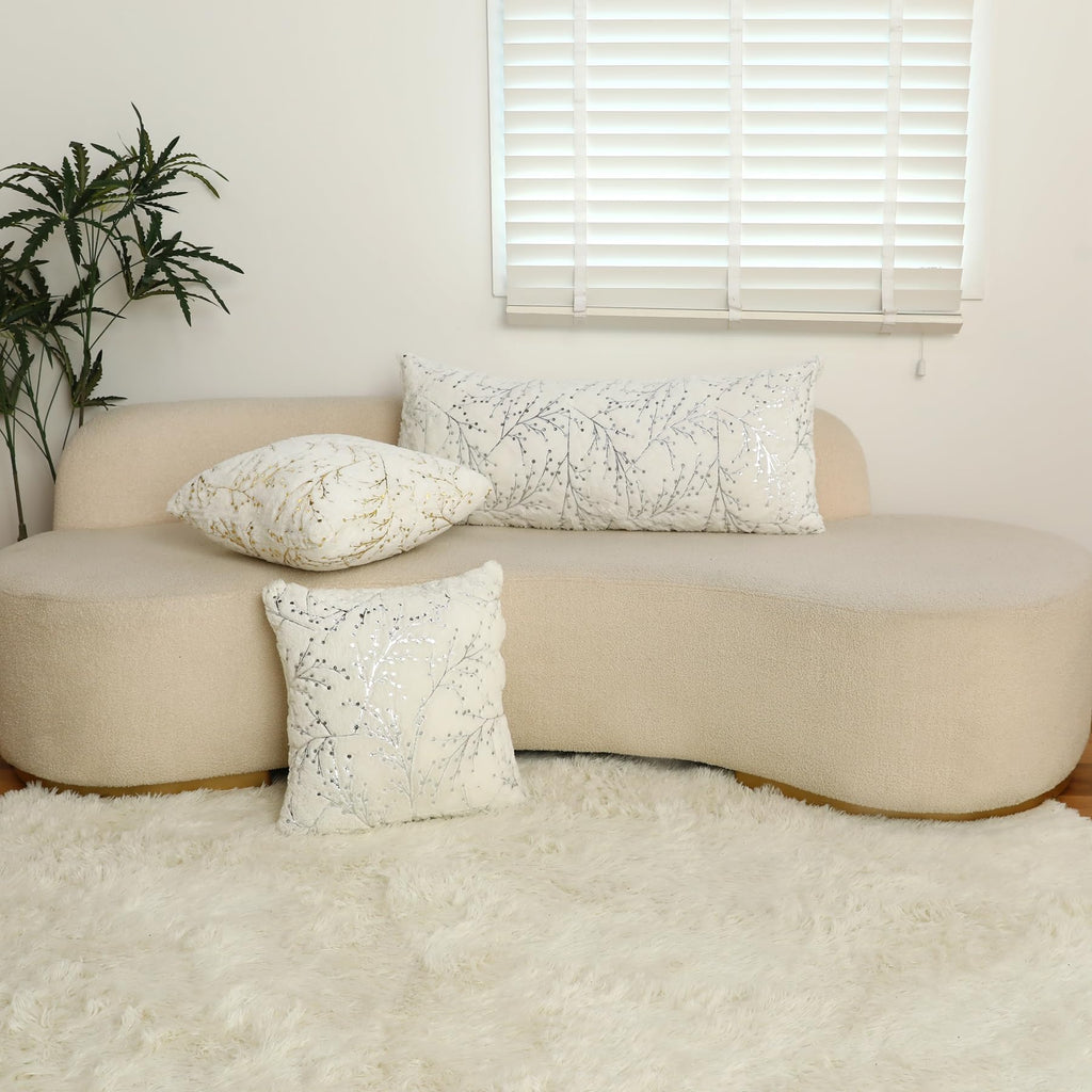 Decorative Long Lumbar Pillow Cover14x36inch Fluffy White Fur Pillow Coves Silver Branches Glitter Throw Pillows Soft