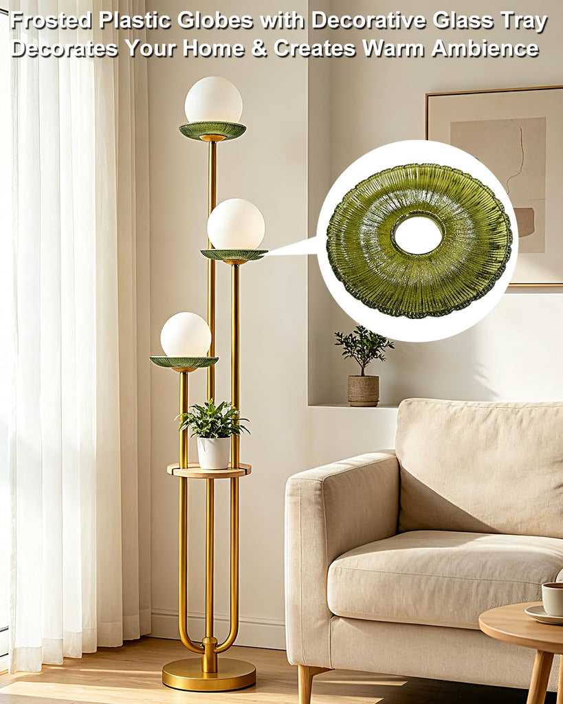 Floor Lamp Dimmable with Green Glass Tray Gold Floor Lamp