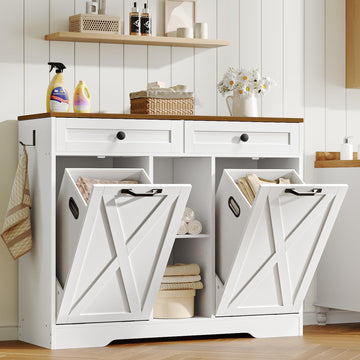 Double Tilt Out Laundry Hamper Cabinet, 23 Gallon Farmhouse Trash Can Cabinet with 2 Drawers and Open Shelving