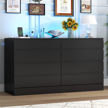 8 Drawer Dresser, White Dresser with Power Outlet & LED Lights