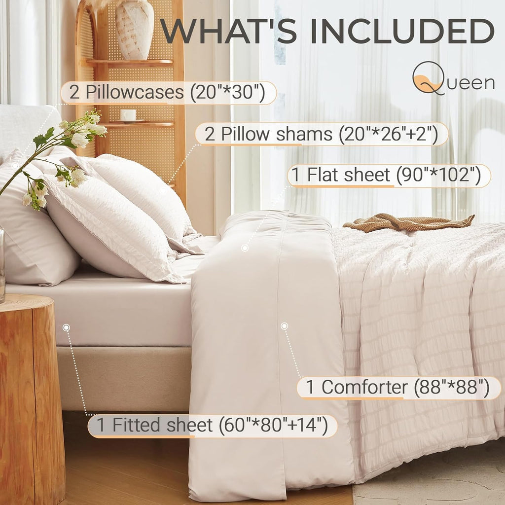 7 Pieces Queen Comforter Set, Seersucker Bed in a Bag Queen, All Season Luxury Bedding Set with Comforter, Flat Sheet