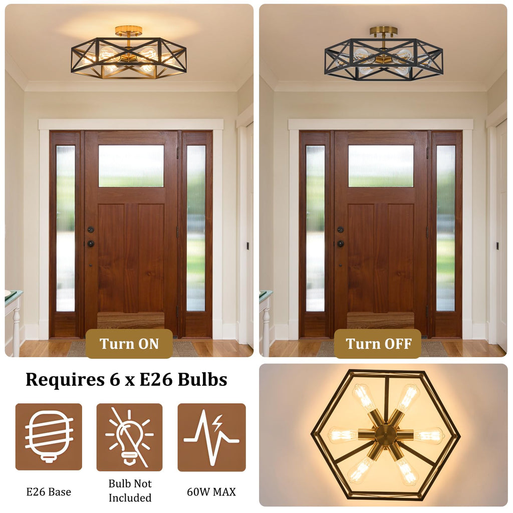 Modern Farmhouse Black and Gold Semi Flush Mount Ceiling Light 19.7 in