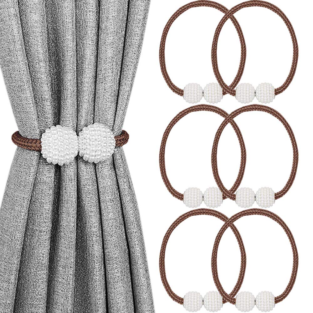 Magnetic Curtain Tiebacks, Decorative Curtain Holdbacks for Window Décor (Coffee) - 6 Pack