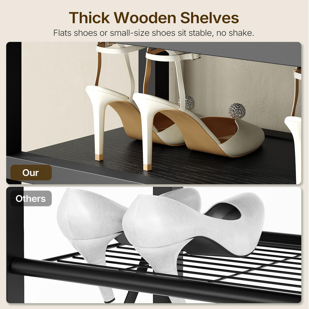 Entryway Bench with Shoe Storage, 3-Tier Shoe Rack Bench with Wooden Shelves and 3 Non-Woven Drawers, PU Padded Shoe