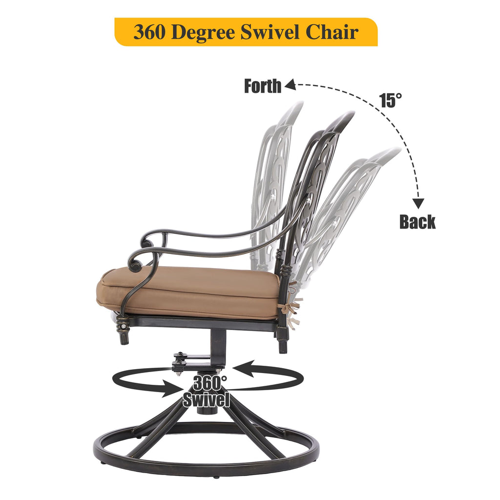 Cast Aluminum Outdoor Swivel Dining Chairs, All-Weather Patio Swivel Rocker Chair Sets with Cushion for Garden