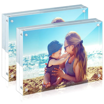Acrylic Frames, 2 Pack 8x10, 24mm Thicker Frameless Clear Frame, Double Sided Magnetic, Free Standing Desktop Display