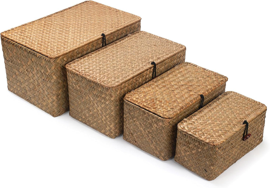 Wicker Basket with Lid, Seagrass Storage Basket, Woven Baskets for Storage, Decorative Storage Baskets for Shelf