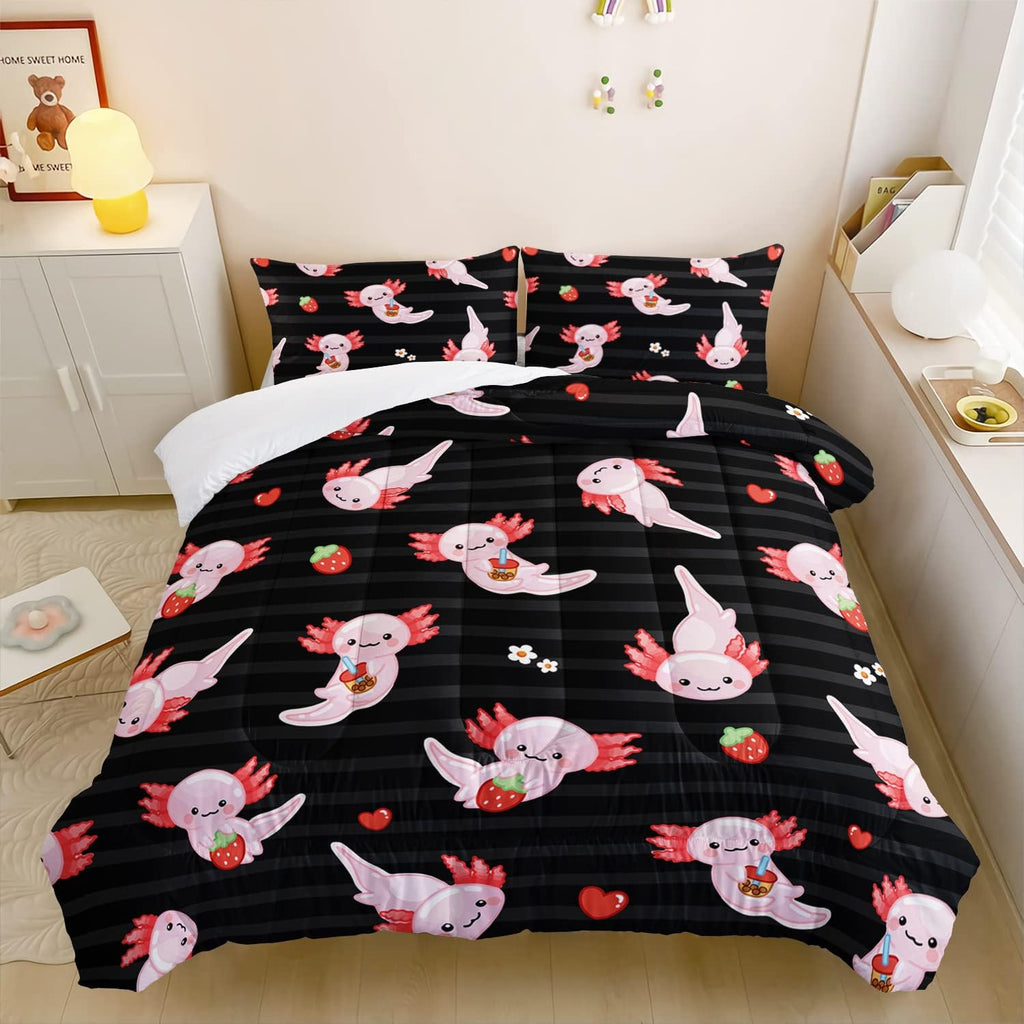 Kids Black Full Comforter Sets 3 Pieces,Cartoon Bedding Sea Wildlife Cute Animals Theme Room Decor,Kawaii Bedding Set