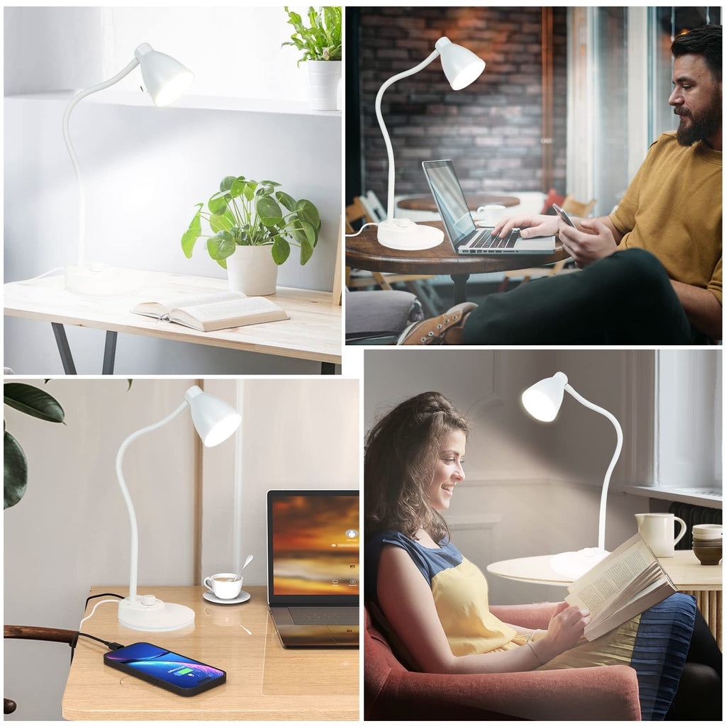 LED Desk Lamp with USB Charging Port, 3 Color Modes Dimmable, White