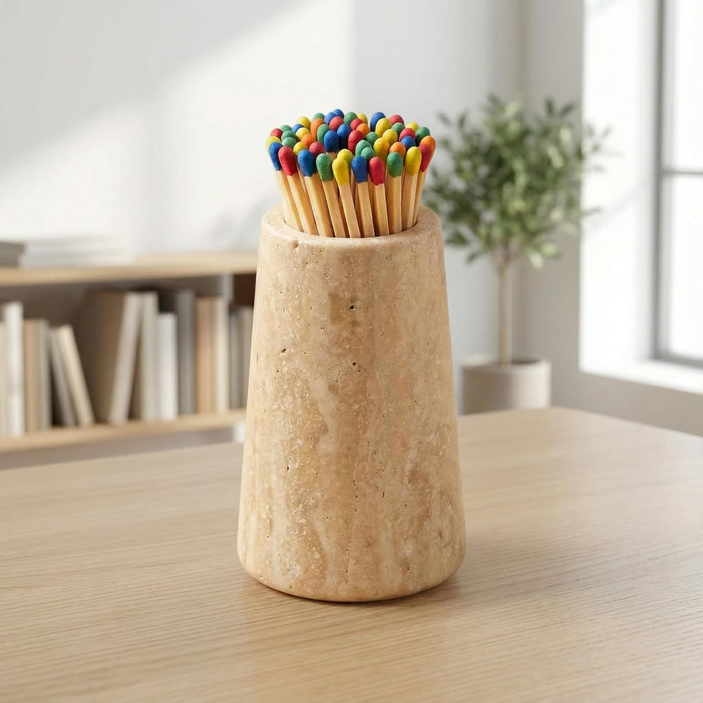 Natural Travertine Incense Match Holder with Striker - Large 3.93" Handmade Matchstick Jar for Candle, Fireplace