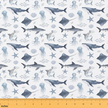 Sealife Upholstery Fabric by The Yard Hammerhead Shark Whale Flannel Fabric Stingray Jellyfish Octopus Nautical