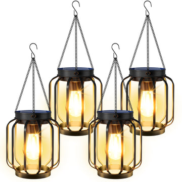Solar Lanterns Outdoor Waterproof Metal Hanging Solar Lantern, 4 Pack