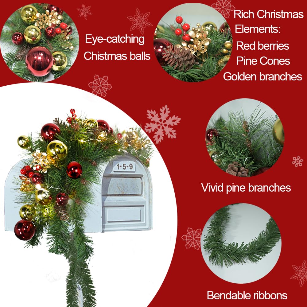 Prelit Christmas Mailbox Swag with Lights - Pine Teardrop Swag Christmas Decoration for Xmas Holiday Indoor/Outdoor