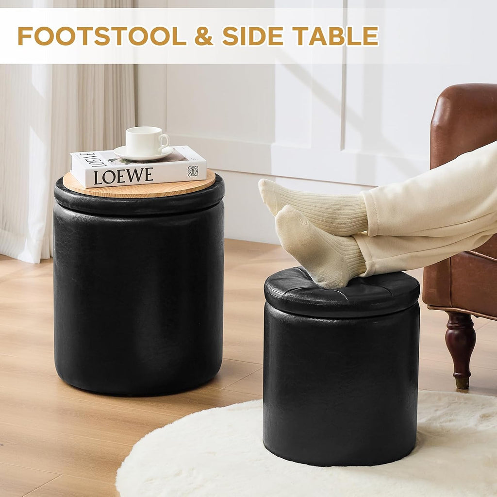 Round Ottoman with Storage Set of 2, 12.6" W x 14.17" H & 14.76" W x 17.32" H Faux Footstool Storage Ottomans Padded
