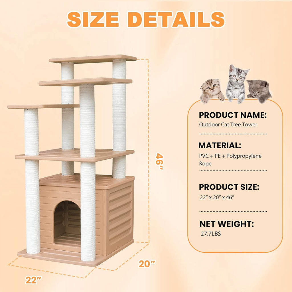 46" Indoor&Outdoor Cat Tower, Weatherproof Cat Condo with Scratching Posts