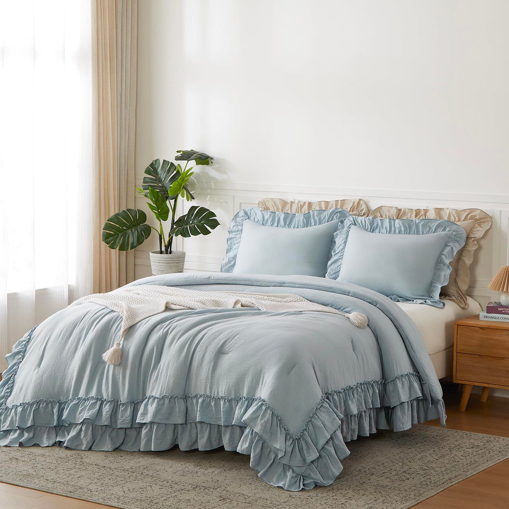 Double Ruffle Blue Comforter Farmhouse Bedding