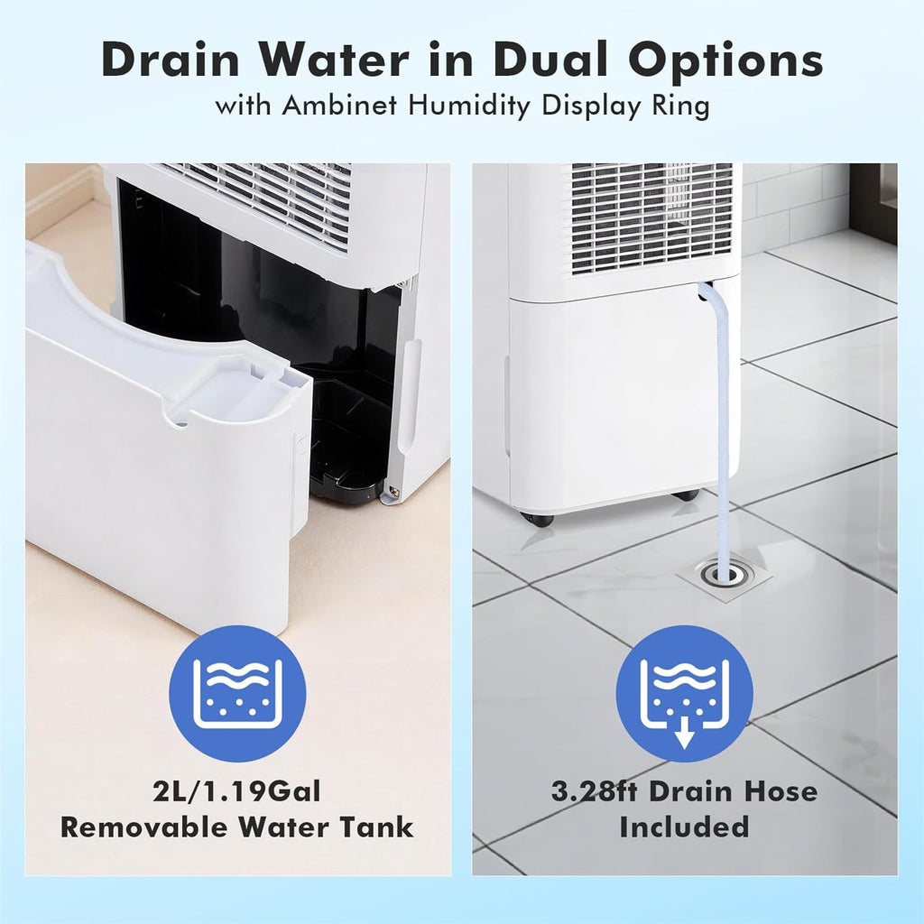 30Pints Dehumidifier with Drain Hose, 2,000 Sq.Ft Dehumidifier for Basement, 0.53 Gallon Tank, Low 38dB