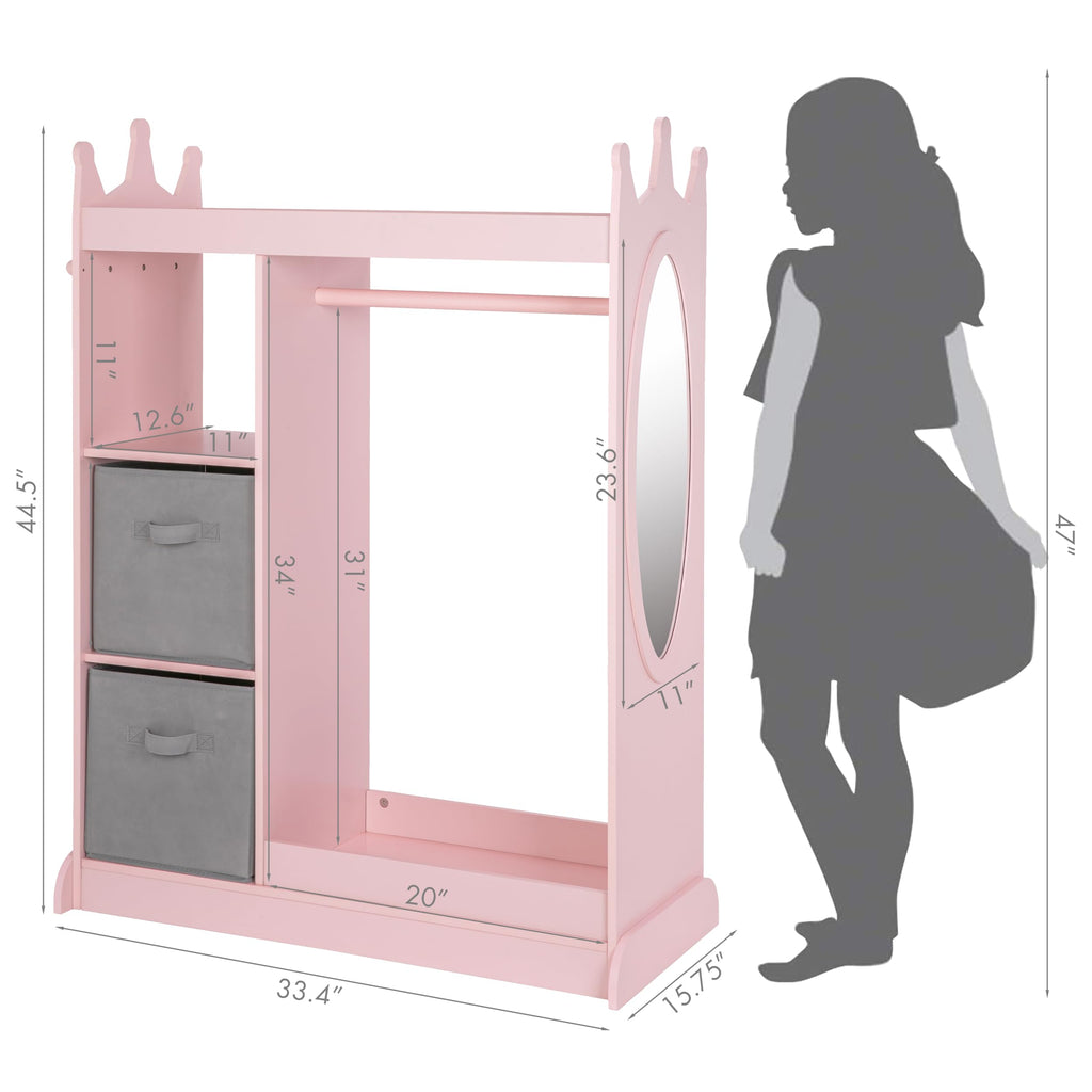 Kids Armoire Wardrobe Closet with Mirror and Storage Bin, Pink, 33.4 in W x 15.75 in D x 44.5 in H