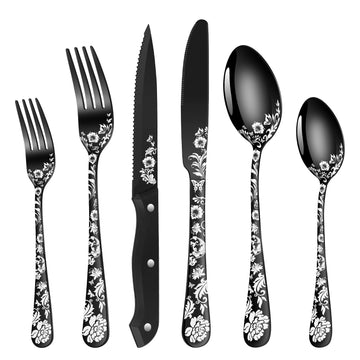 24-Piece Black Silverware Set with Steak Knife, Black Flatware Sets for 4, Stainless Steel Cutlery Set Includes Forks