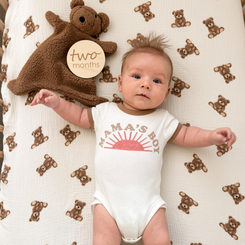 Teddy Bear Print Muslin Fitted Crib Sheet, Soft Breathable Cotton, 52 x 28 inches, Cream and Brown