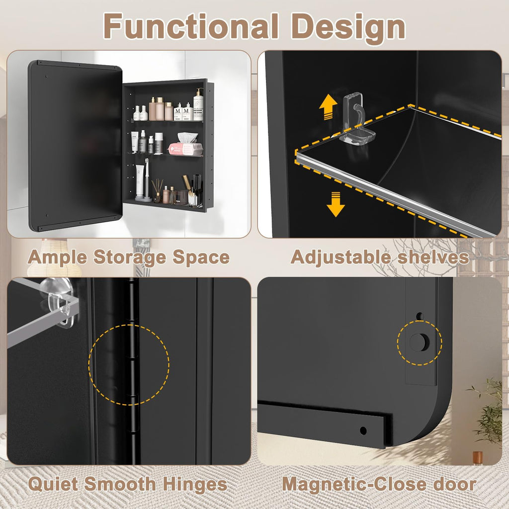 16x24 in Medicine Cabinet with Mirror , Matte Black | Fully Assembled; Recessed or Surface Wall Mount; Metal Cabinet