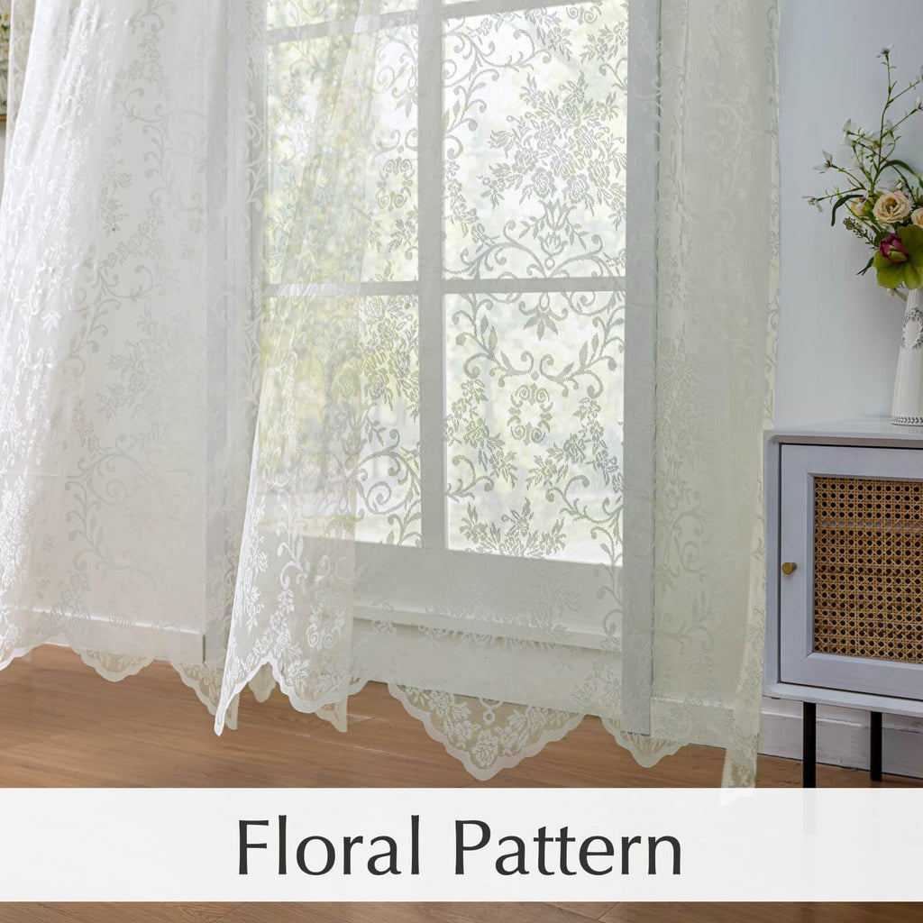 Cream Lace Curtains with Valances 84 Inches Long 2 Panels, Vintage French Floral Embroidered Semi Sheer Drapes Rod