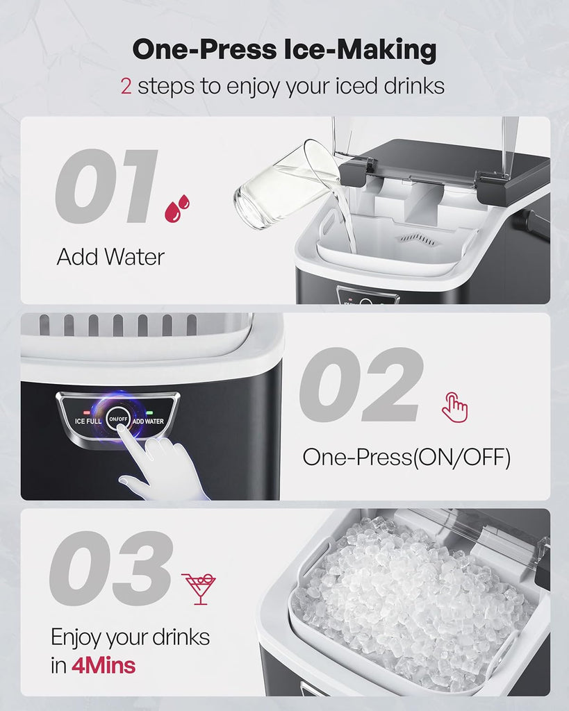 Nugget Ice Maker Countertop with Handle, Ready in 4 Mins, Max 40lbs/24H, Chewable Ice, Self-Cleaning, Portable Sonic