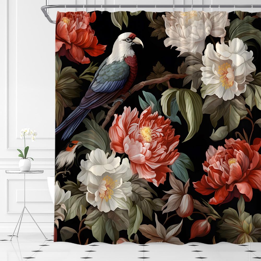 Black Boho Floral Shower Curtain Unique Colorful Mandala Beautiful Dark Flower Leaves Spring Bright Blossom Modern