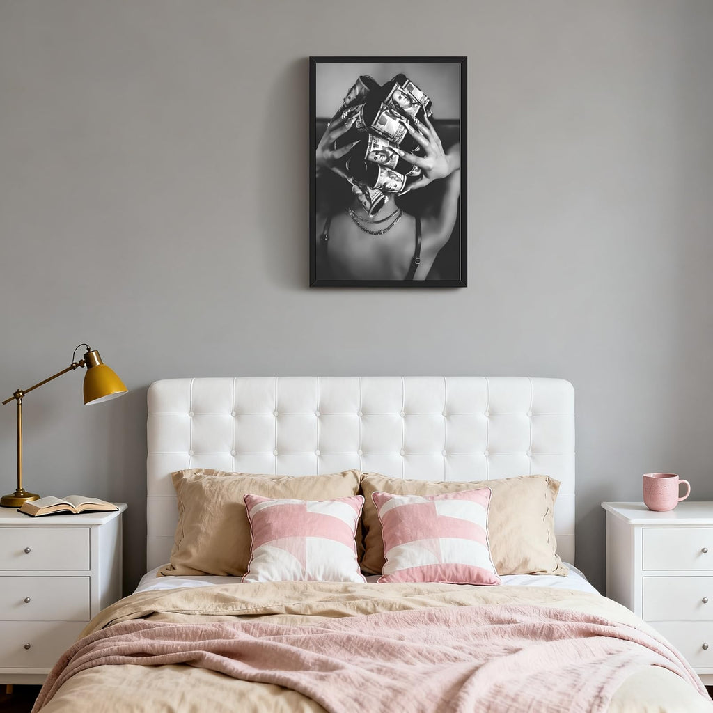 Framed Black Woman with Money on Head Wall Art Trendy Black and White Canvas Print Luxury Money Hair Rollers Fashion