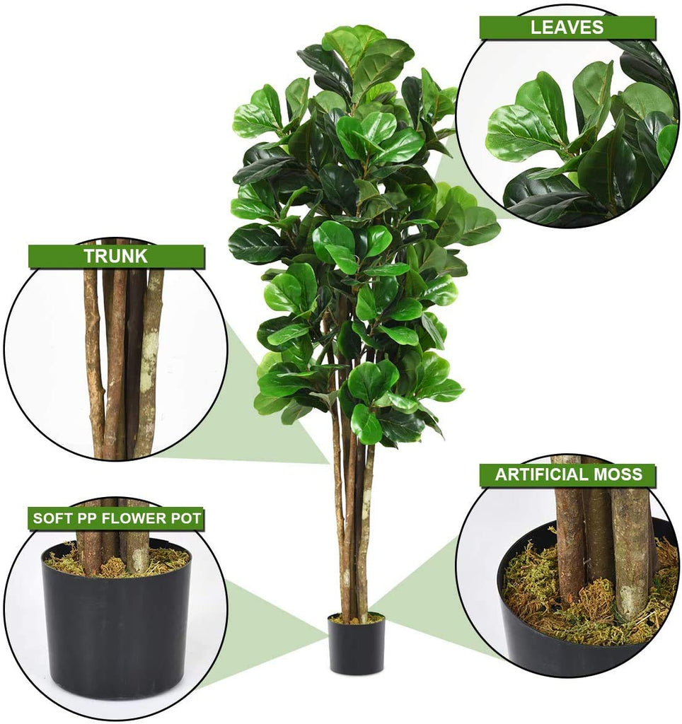 Fake Fiddle Leaf Fig Tree, 4FT Tall Artificial Tree Greenery Plants in Pots, Decorative Faux Trees for Indoor Home