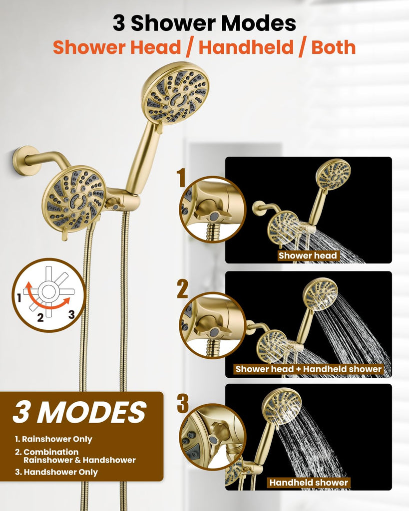 Dual Shower Head Kit with Valve 6 Mode Handheld Brushed Gold