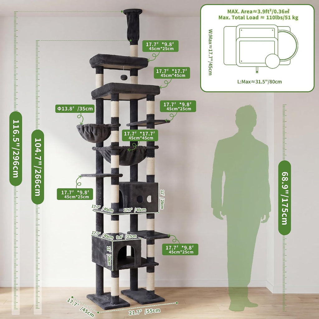 Floor to Ceiling Cat Tree, 104.7"-116.5" Height-Adjustable