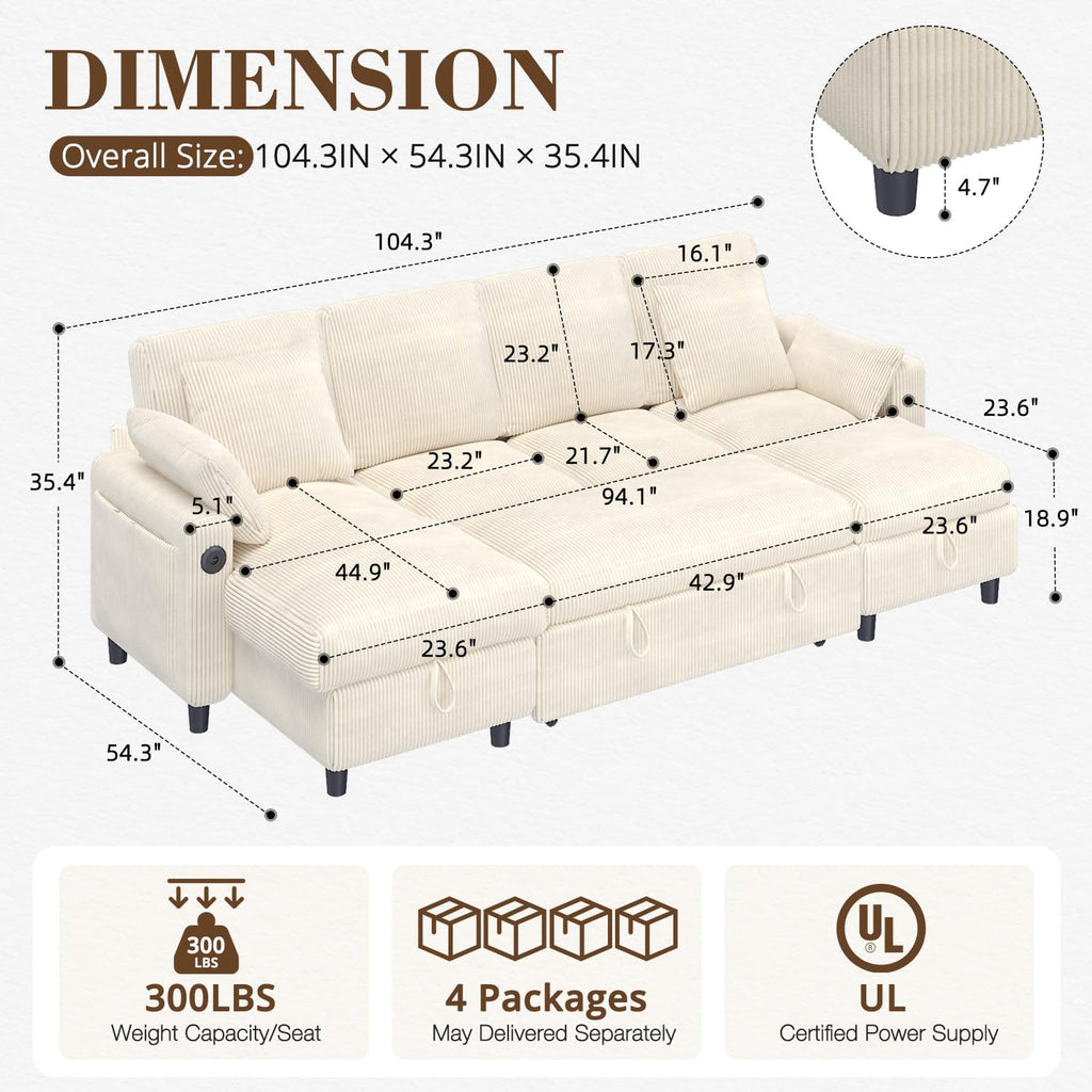 5-Seat Sleeper Sofa Bed with Reversible Chaise Lounge Sectional, Corduroy U-Shaped Convertible Couch Set with USB