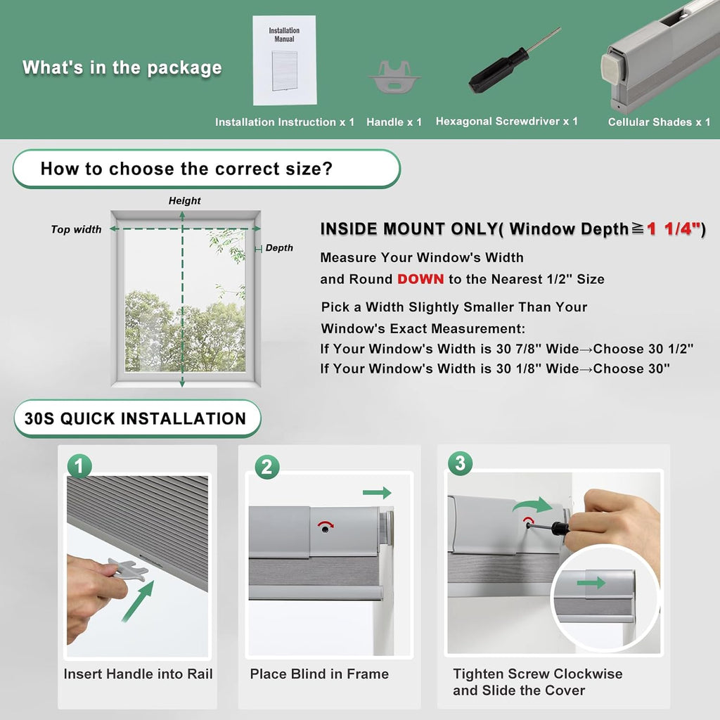 No Drill Cellular Shades for Indoor Windows, Thermal Insulating & Noise Reducing Honeycomb Blinds, Free Stop Cordless
