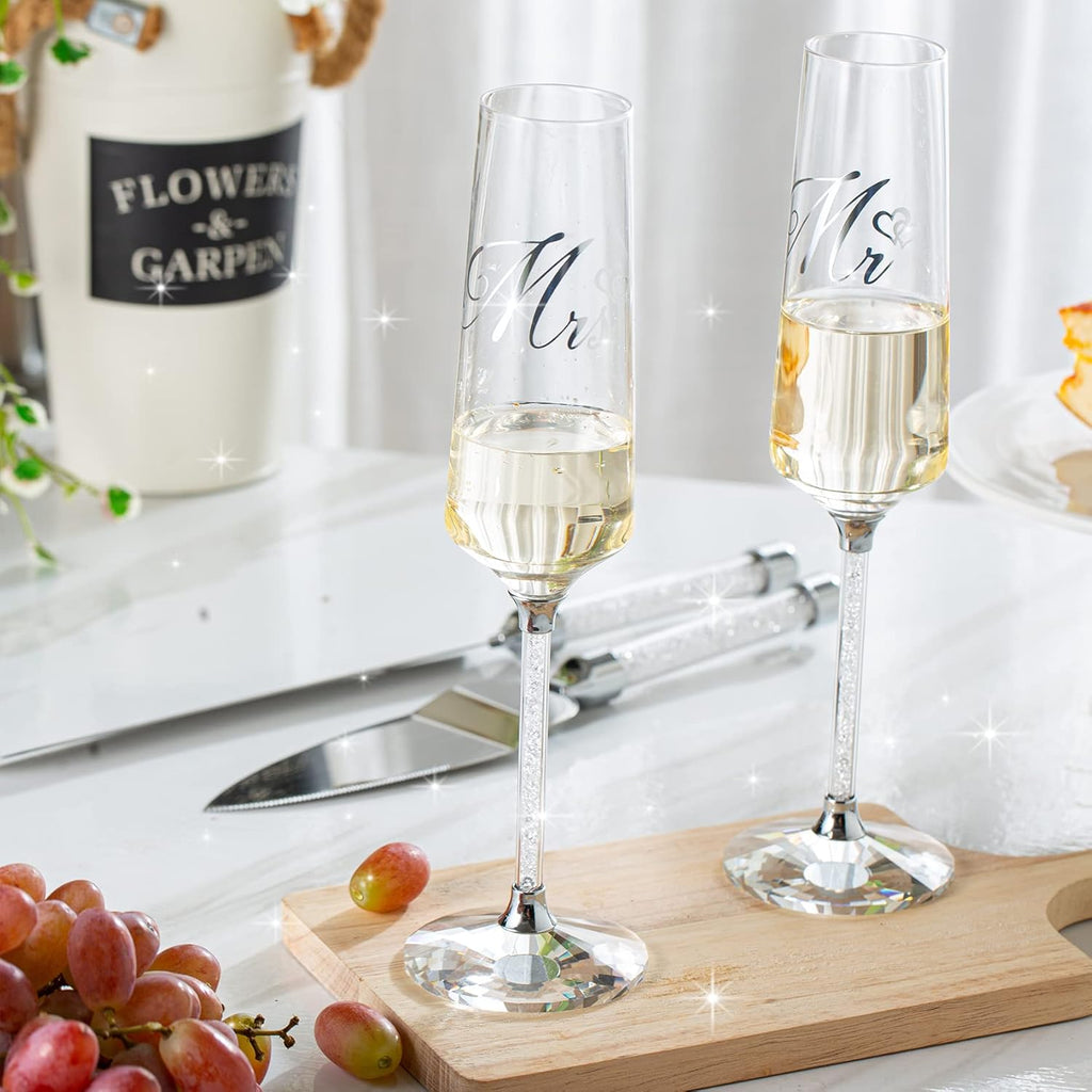 Wedding Cake Knife and Server Set, Mr and Champagne Flutes with Wedding Cake Cutting Set for Bride and Groom Toasting