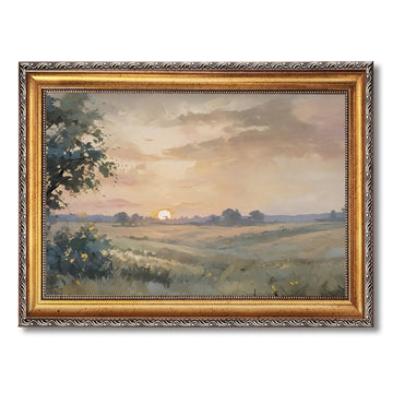 Vintage Sunset Landscape Framed Wall Art Autumn Fields Oil Painting Poster Rustic Horizontal Nature Countryside Scene