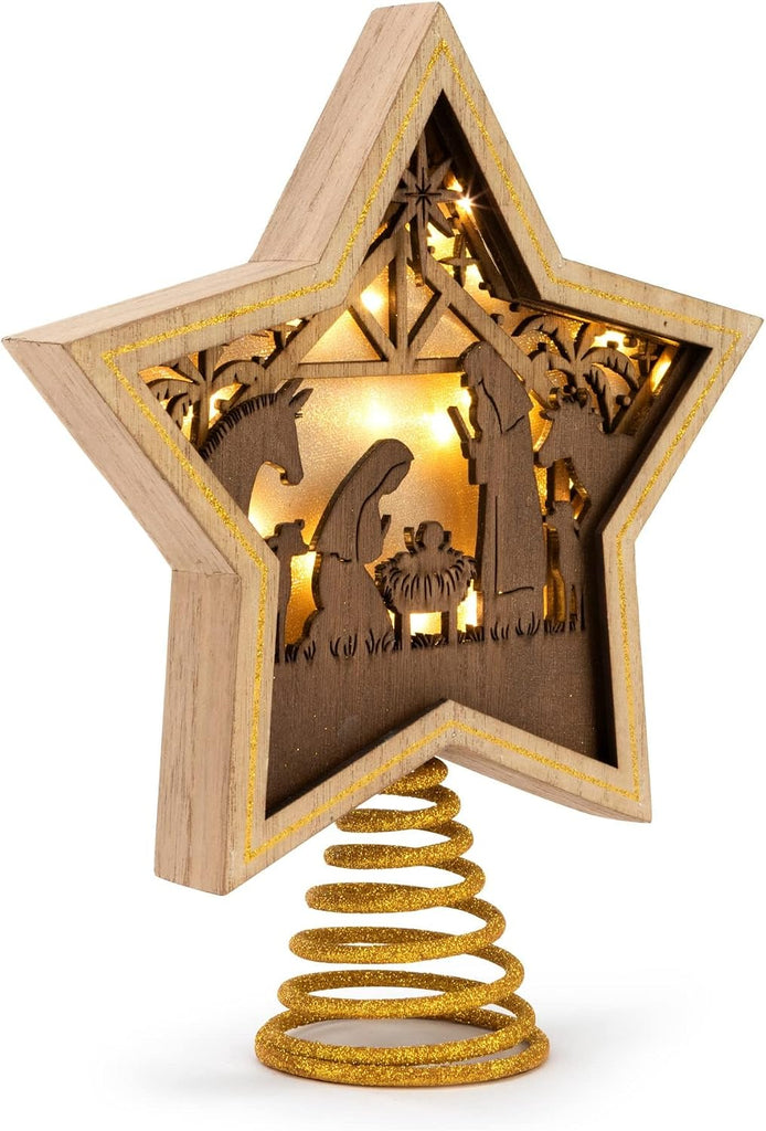 Lit Star Nativity Tree Topper, Gold Wooden Star, 10 x 8.5 in