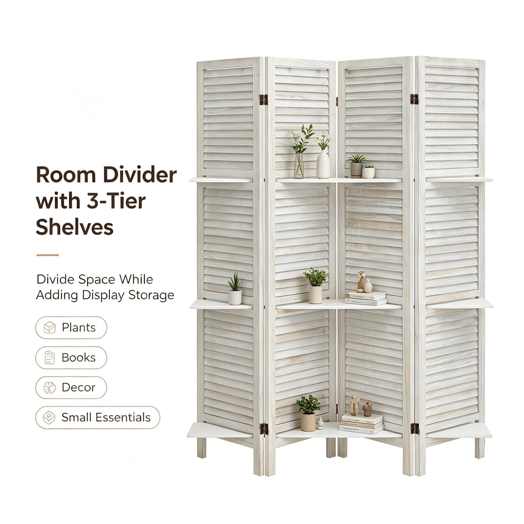 4 Panel Room Divider with Shelves, 67" H Fold Screen, Vintage White