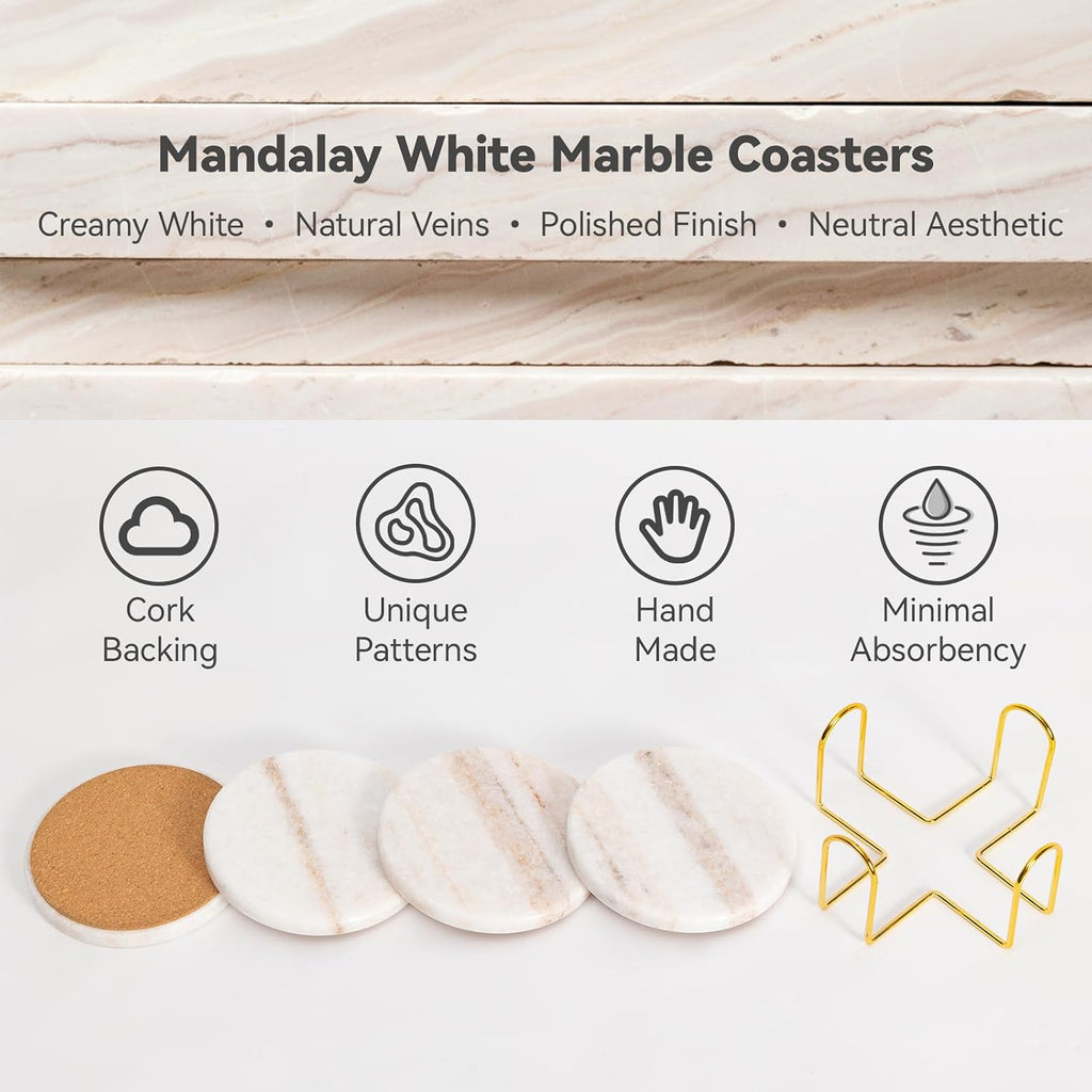 Creamy White Marble Coasters with Holder, Neutral Drink Coasters for Coffee Table, 4" Round Polished White - Set of 4