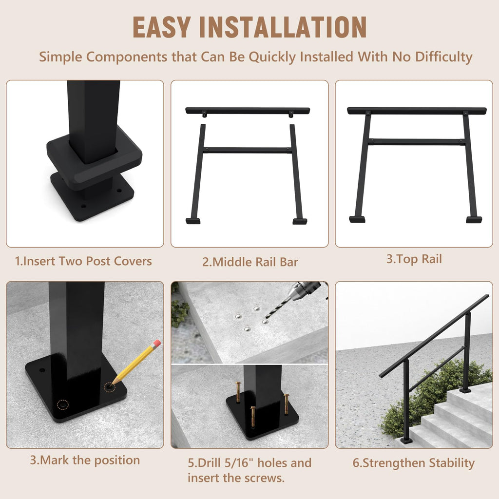 Hand Rails for Outdoor Steps, 4-5 Step Railing for Stairs, Adjustable Porch Railing, Hand Rails for Seniors, Outdoor Deck