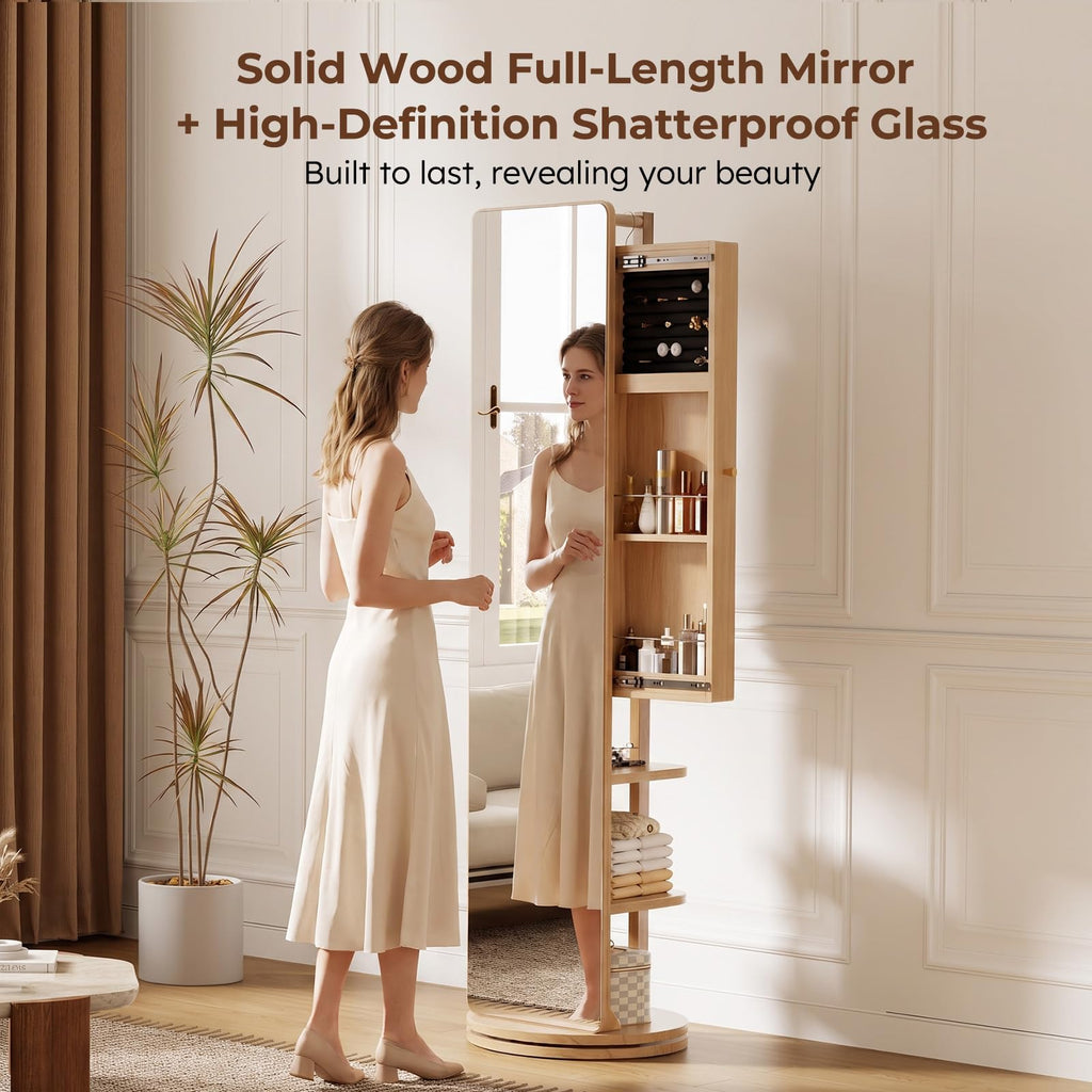 69" H×20" W Solid wood Mirror Jewelry Cabinet, 360°Swivel Jewelry Organizer, Jewelry Armoire Cabinet Standing, Full