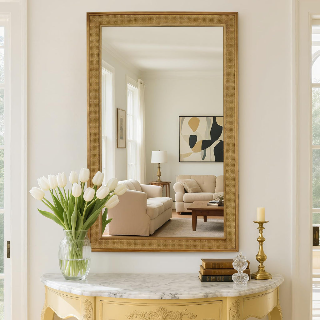 Rattan Wall Mirror Rectangle, 30 X 48 inch Rattan Mirror with Wooden Framed for Wall Decor Bathroom, Living Room