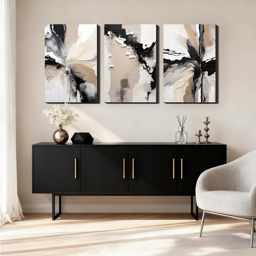 Large Canvas Wall Art Office, 3 Piece Black Beige Abstract Canvas Prints Pictures, Neutral Modern Paintings, Extra