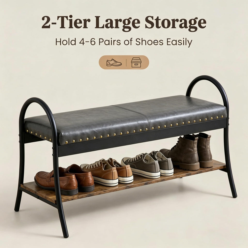 39.4" Shoe Bench with Shelf, Industrial Faux Leather Entryway Bench