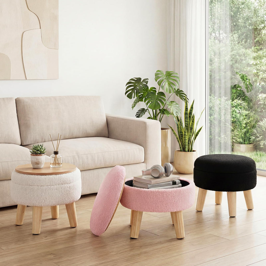 Round Storage Ottoman with Reversible Tray Lid, Multi-Functional Footrest, Teddy Velvet Footstool with Wood Legs