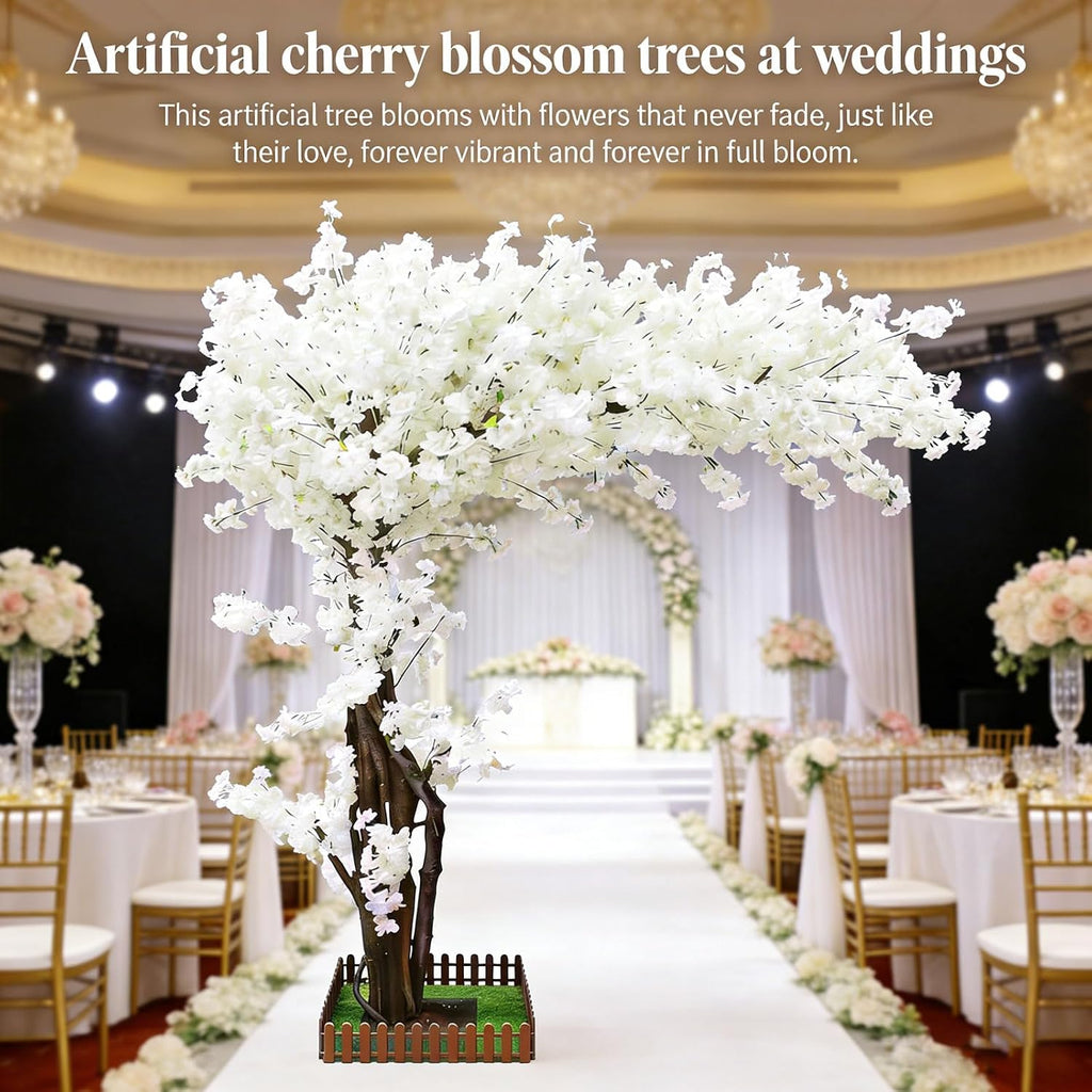 White Artificial Cherry Blossom Trees Large 8.2ft,Faux Cherry Blossom Tree Artificial,Fake Sakura Tree with Solid