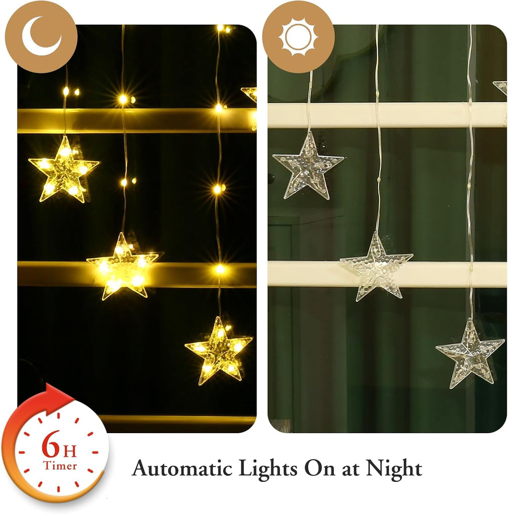 Star Christmas Window Lights, 76 LEDs 9 Stars Curtain Lights Battery Operated with Timer, 8 Mode Xmas Hanging Window